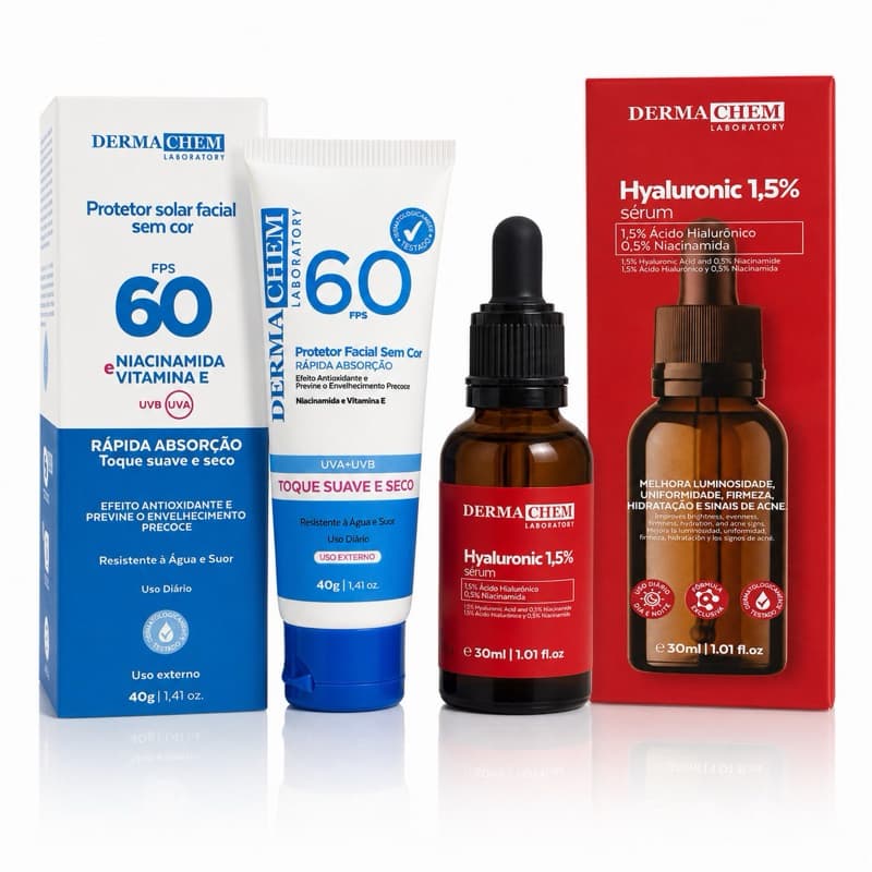 Kit Protetor Solar Facial FPS 60 Dermachem + Sérum Hyaluronic 1,5% Niacinamida e Vitamina E