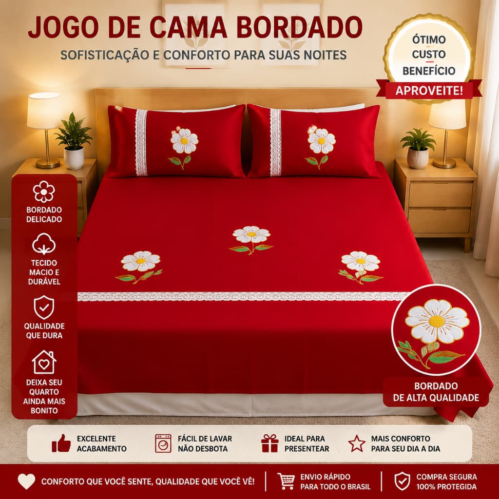 Jogo de Cama Casal Bordado Colcha Bordada (Lençol Casal Bordado com 2 Fronhas) - Durabilidade e Sofisticação