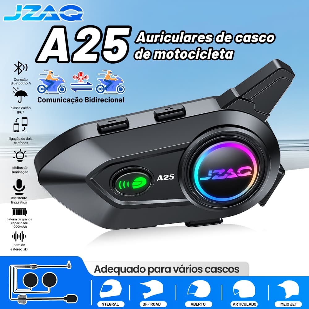 JZAQ A25 Fone Bluetooth para capacete moto de IP67 Impermeável Áudio Hi-Fi Música Compartilhada Interfone moto capacete
