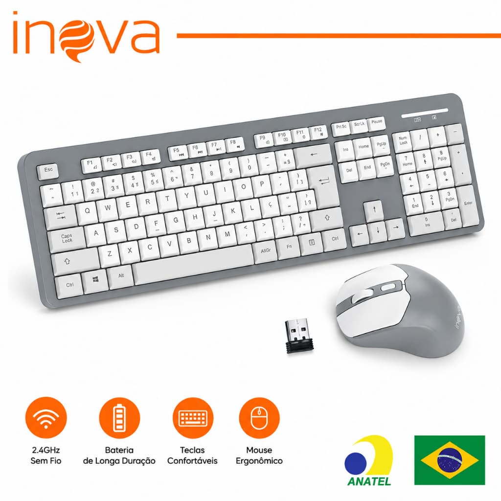 INOVA Kit Teclado e Mouse Sem Fio Inova KV789 2.4GHz 107 Teclas Mouse 1600DPI Plug Play Até 10m