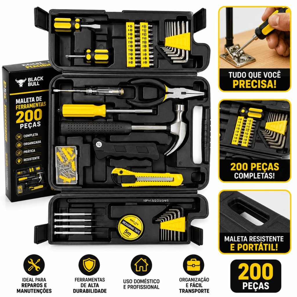 Maleta de Ferramentas 200 Peças Black Bull Kit Completo para Reparos Domésticos e Profissionais