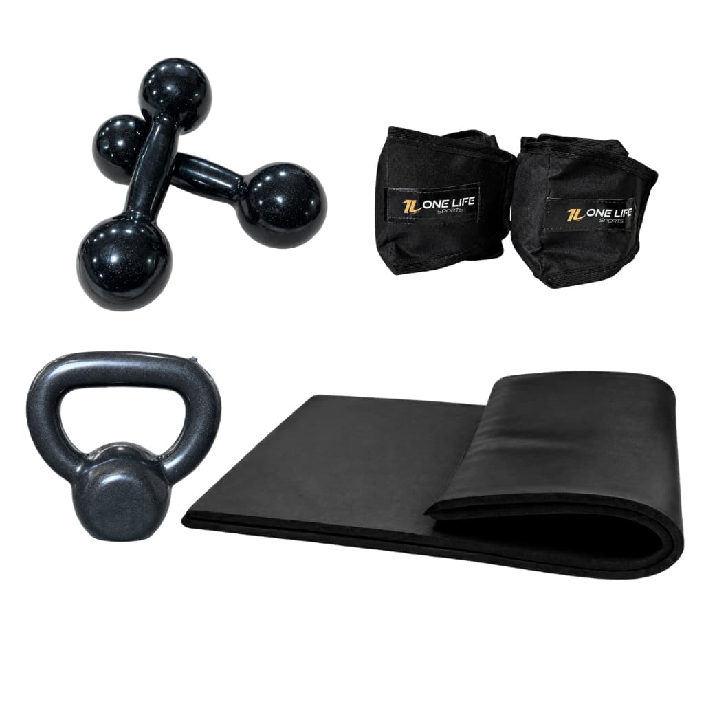Kit Aeróbico Caneleira 3kg Halter 3kg Kettlebell 4kg Emborrachado Colchonete Treino Funcional