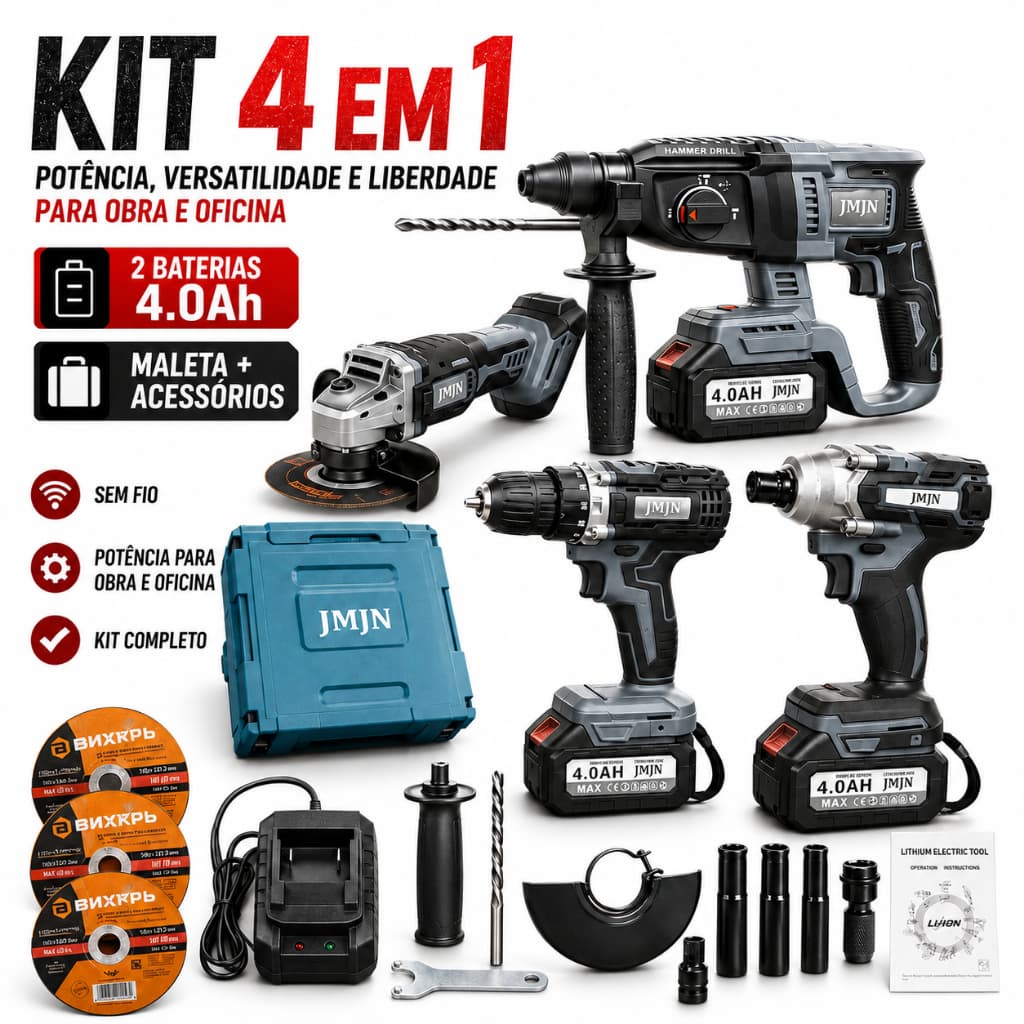 Kit 4 em 1 Ferramentas Sem Fio Parafusadeira Furadeira Chave de Impacto e Esmerilhadeira com Maleta