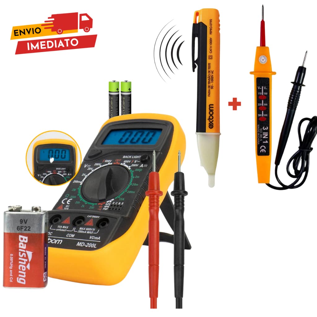 Kit 3 em 1 Multímetro Profissional Digital + Caneta Detectora Corrente Tensão + Testador de Voltagem