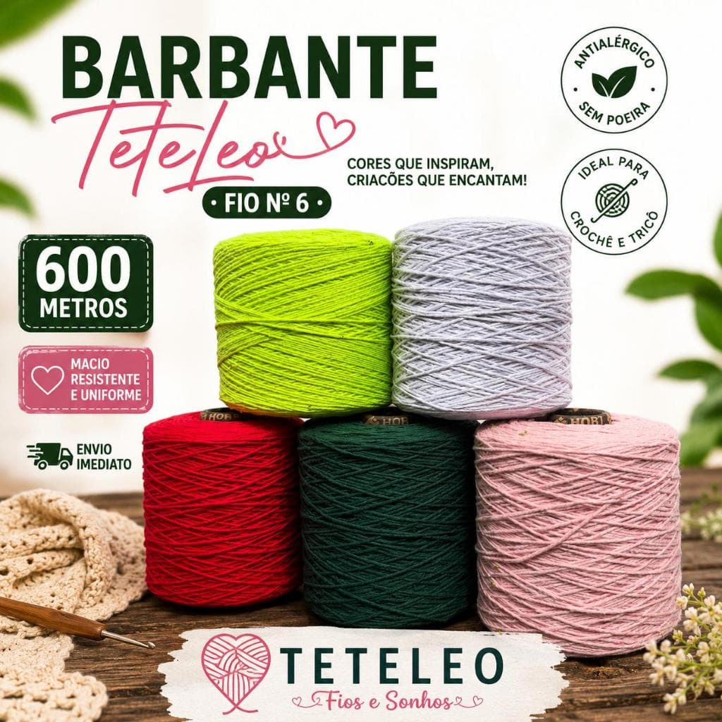 Barbante para Crochê TeteLeo Nº 6 600 Metros Fio Macio Sem Poeira