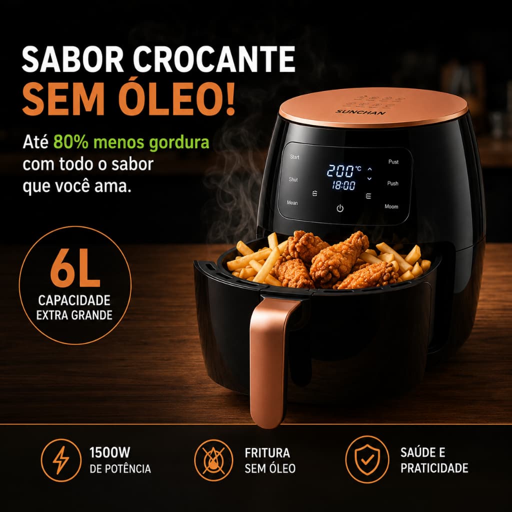 Air Fryer 6L Digital 1500W  Sem Óleo Painel Touch Cesto Antiaderente