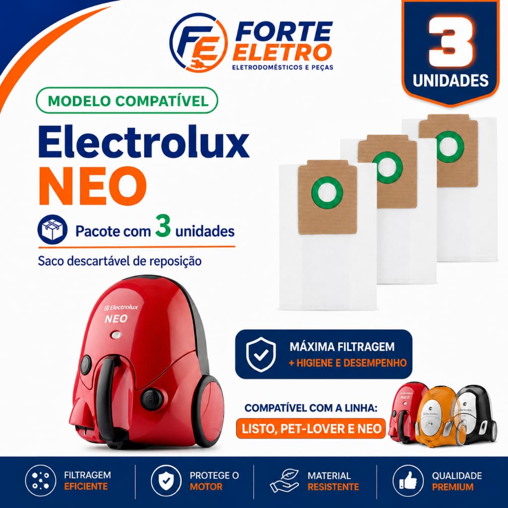Kit 3 Sacos Para Aspirador de Pó compatível com Electrolux Neo Alta Qualidade