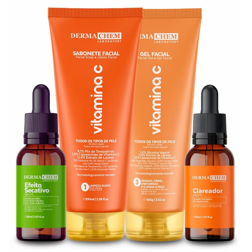 Kit Skincare Dermachem Vitamina C Sabonete Facial + Gel Facial + 2 Séruns 30ml Clareador Hialurônico Secativo Peônia