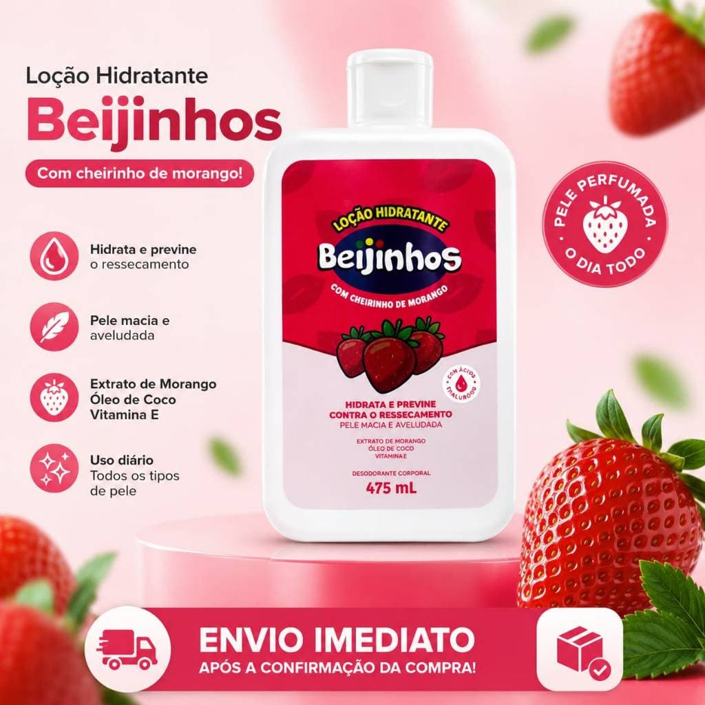 Hidratante Corporal Beijinhos Morango 475ml BELKIT | Loção Hidratante Para Pele Seca e Ressecada | Envio Imediato