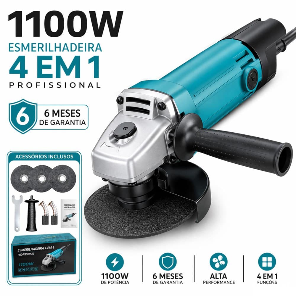 Esmerilhadeira Angular Elétrica 220V 1100W Profissional Com Disco 115mm Para Corte E Desbaste