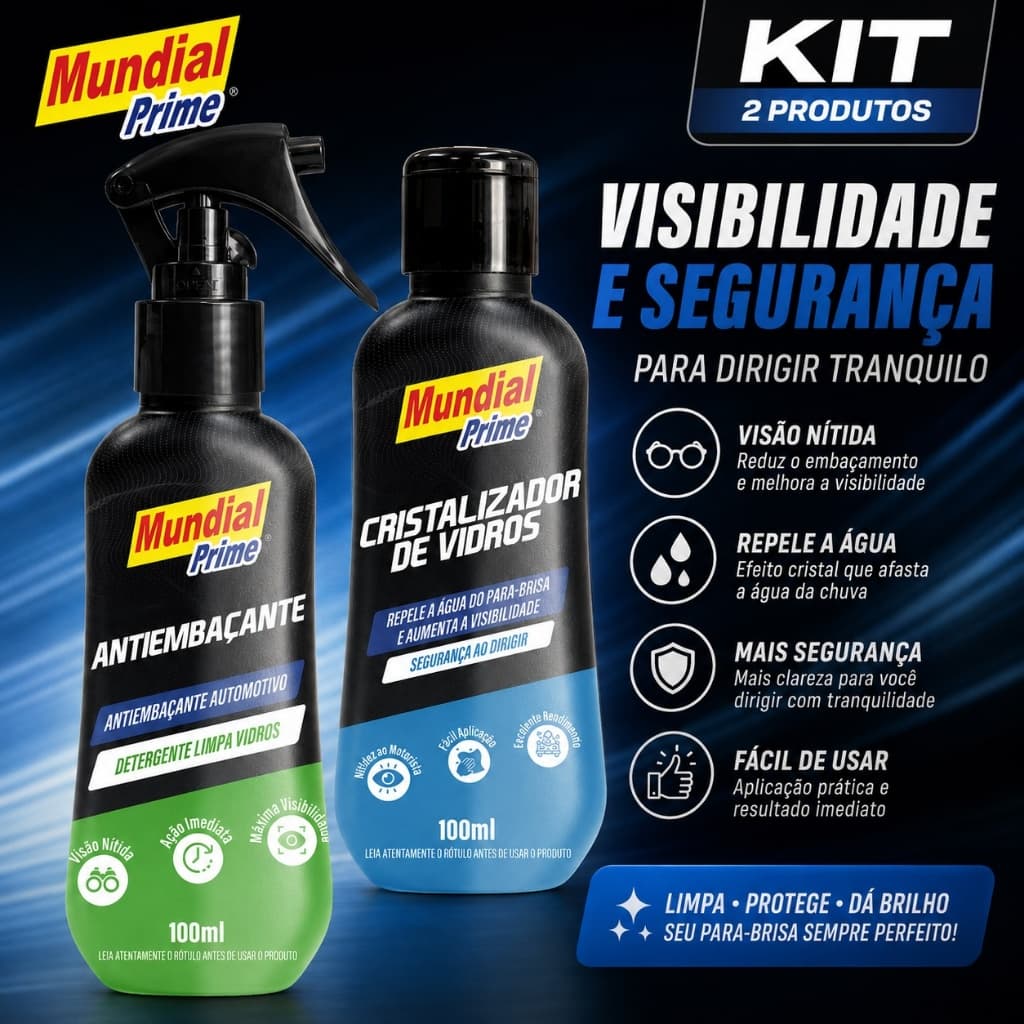 Kit Antiembaçante + Cristalizador de Vidros Mundial Prime 100ml Para-brisa Carro Anti Chuva Repelente de Água