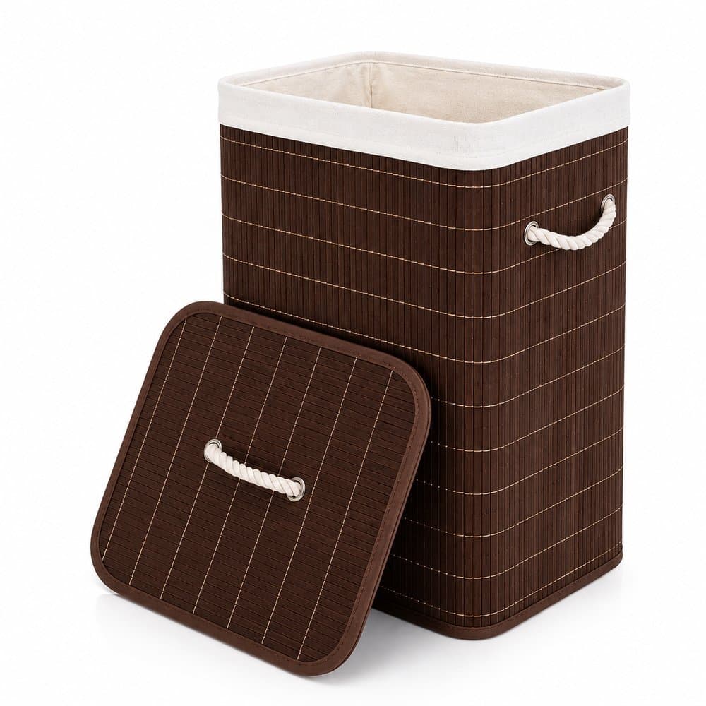 Cesto Organizador Roupas Sujas Bambu Com Tampa E Forro 70L Banheiro Quarto Lavanderia