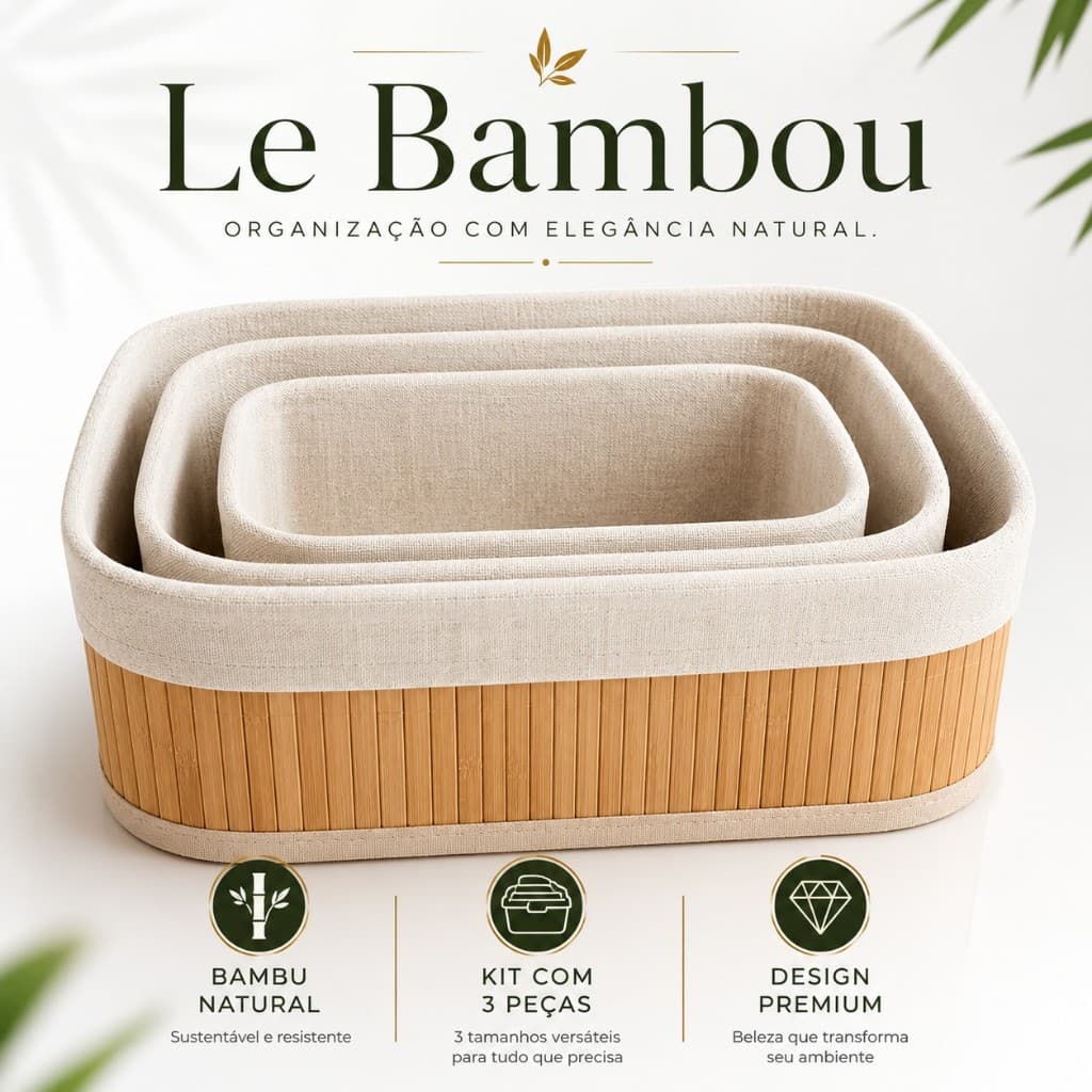 Kit 3 Cestos Organizadores de Bambu com Forro Multiuso Organizador Decorativo para Banheiro Cozinha Closet Lavanderia