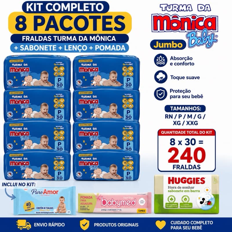 Kit 8 Pacote de Fralda Descartavel Turma da Monica + Sabonete Infantil tamanho G