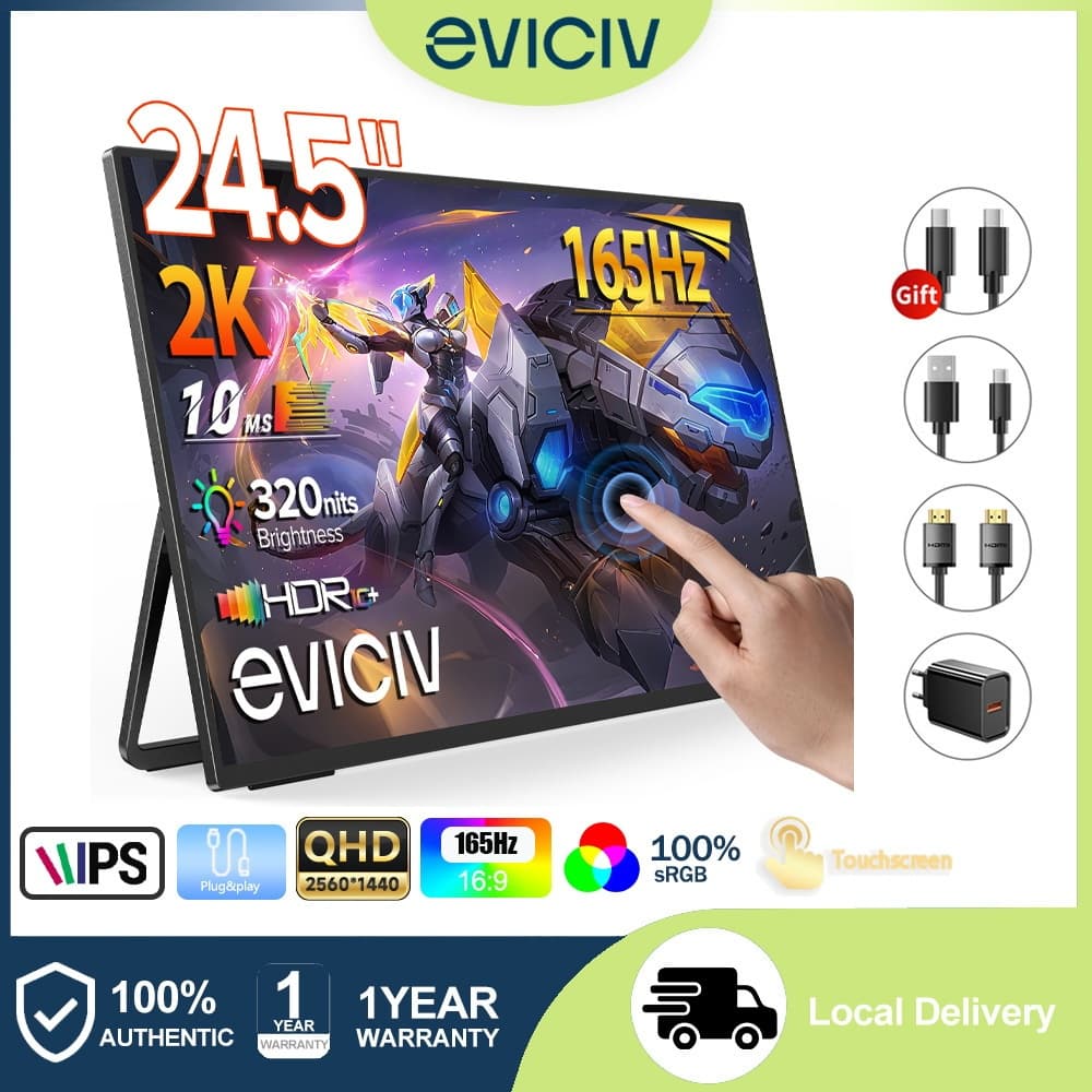 EVICIV Monitor Portátil Touchscreen 24.5'' 2K 165Hz Gamer IPS HDR FreeSync Type-C Hdmi Compatível Laptop PS5 Switch Xbox