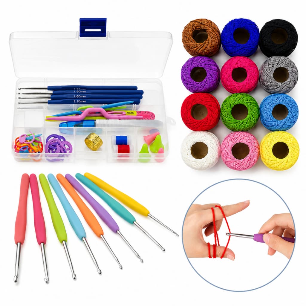 Kit Crochê Completo 59 Peças + 16 Agulhas Soft Ergonômicas + 12 Linhas Algodão Amigurumi