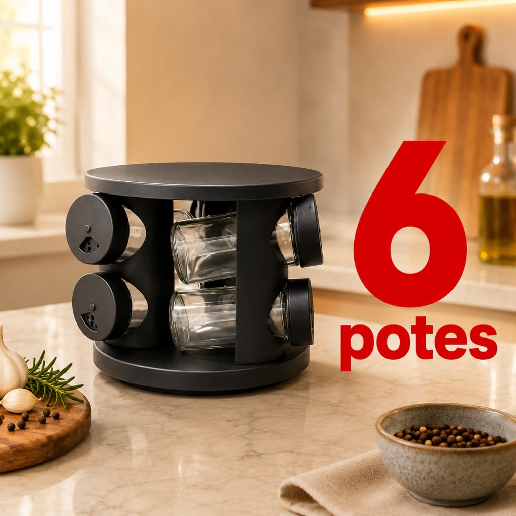 Porta Condimentos Giratório 360° com 6 Potes de Vidro – Organizador de Temperos Cozinha Preto
