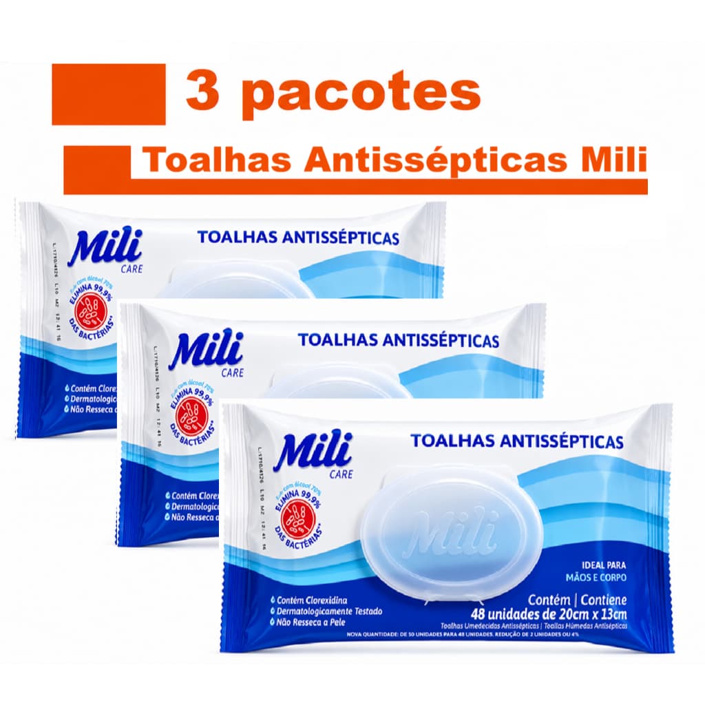Kit Econômico Lenços Umedecidos Antissépticos Toalhas Umedecidas Antissépticas Mili 3 pacotes total 144 unidades