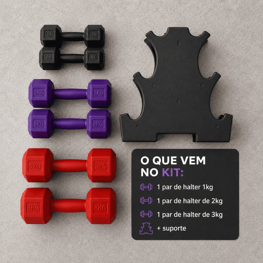 Kit Peso Halteres Sextavados com Suporte 1kg 2kg 3kg – Musculação, Treino em Casa e Fisioterapia