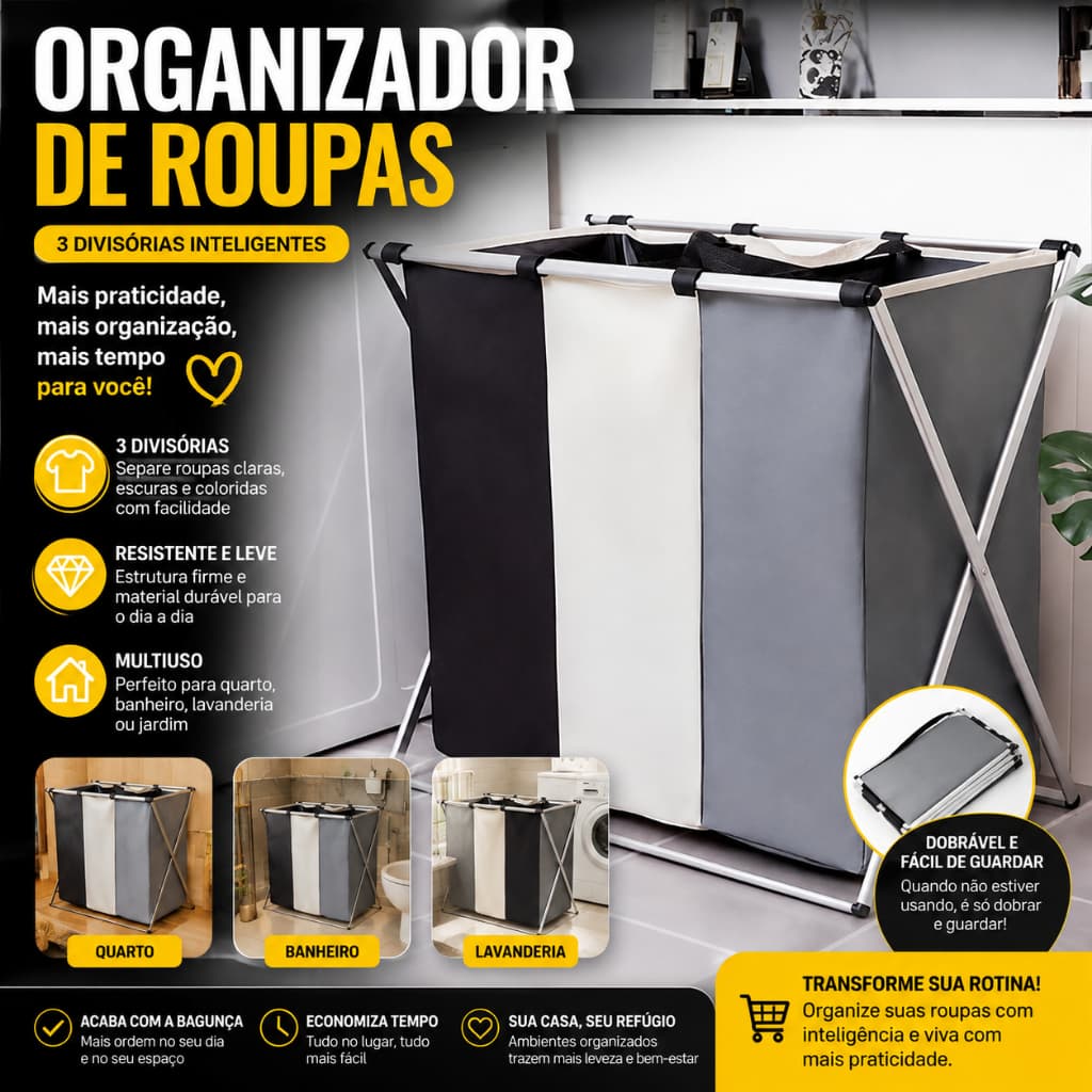 Organizador de Roupas 3 Divisórias Dobrável Cesto Lavanderia Banheiro Quarto Jardim