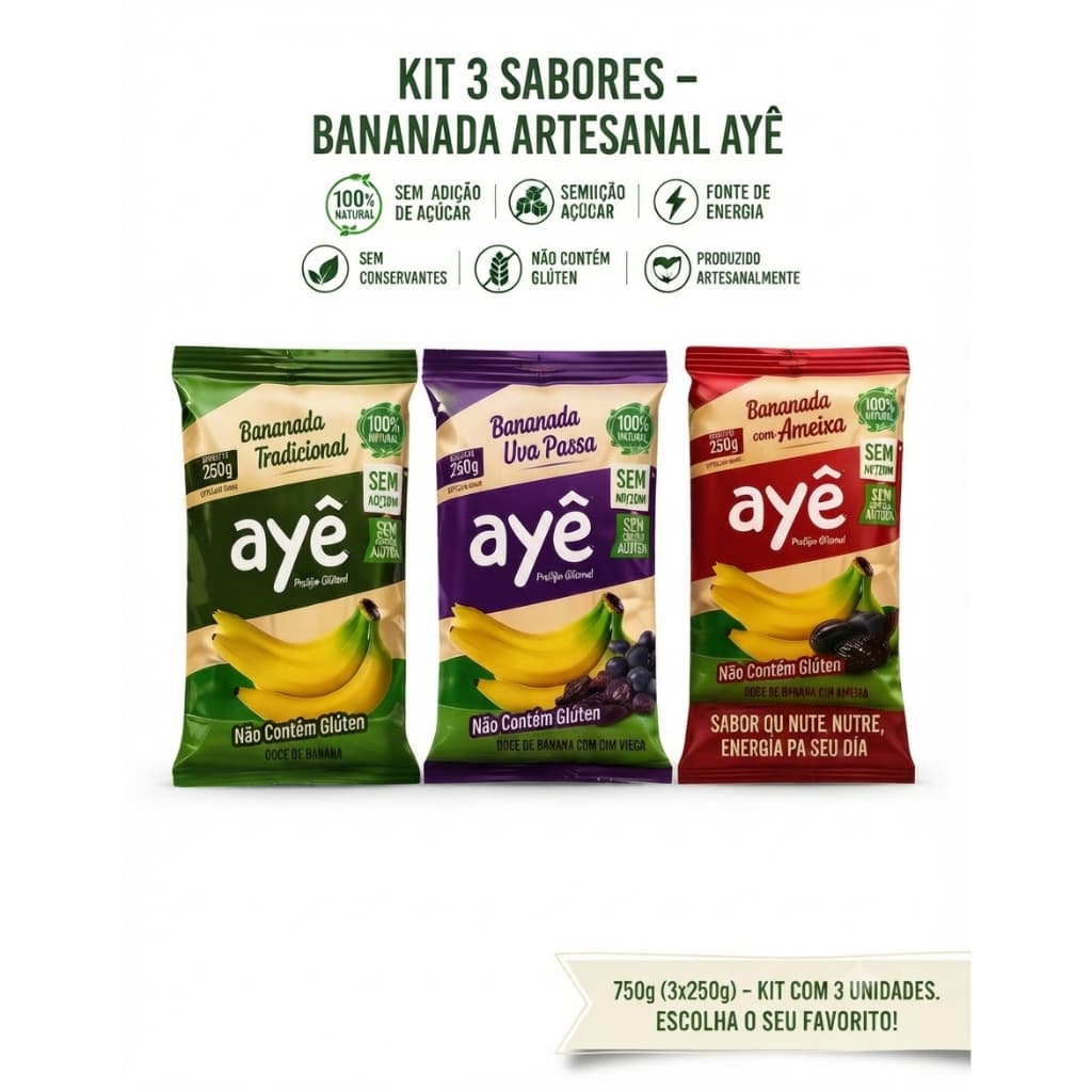 Kit Bananada 750g (3x250g) Zero Açúcar Vegana - Lanche Saudável e Natural (Tradicional, Uva Passa, Ameixa)