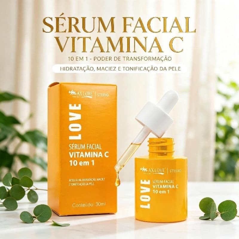 Sérum Facial Vitamina C 10 em 1 Max Love 30ml – Antioxidante, Hidratante e Uniformizador da Pele