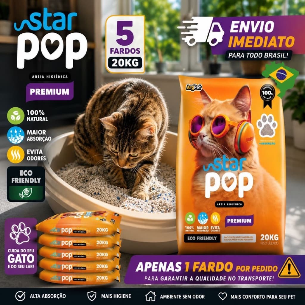 Kit 5 Areia Sanitária Higiênica Star Pop Argila Natural para Gatos Grãos Médios Premium Tradicional 20 kg.