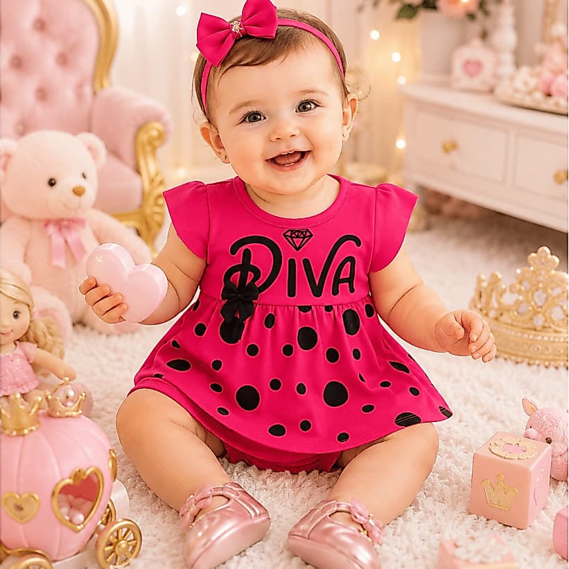 Vestido de Bebê Menina Recém Nascida para Passeio Mêsversário Estiloso Diva Com Calcinha