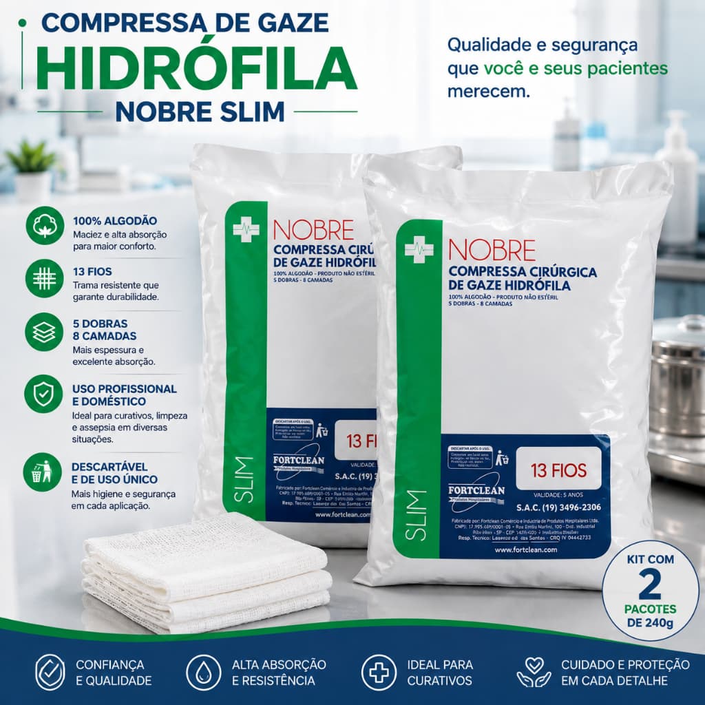 Kit 2x Compressa De Gaze Hidrófila Não Estéril 13 Fios Para Curativos 240g Nobre Slim
