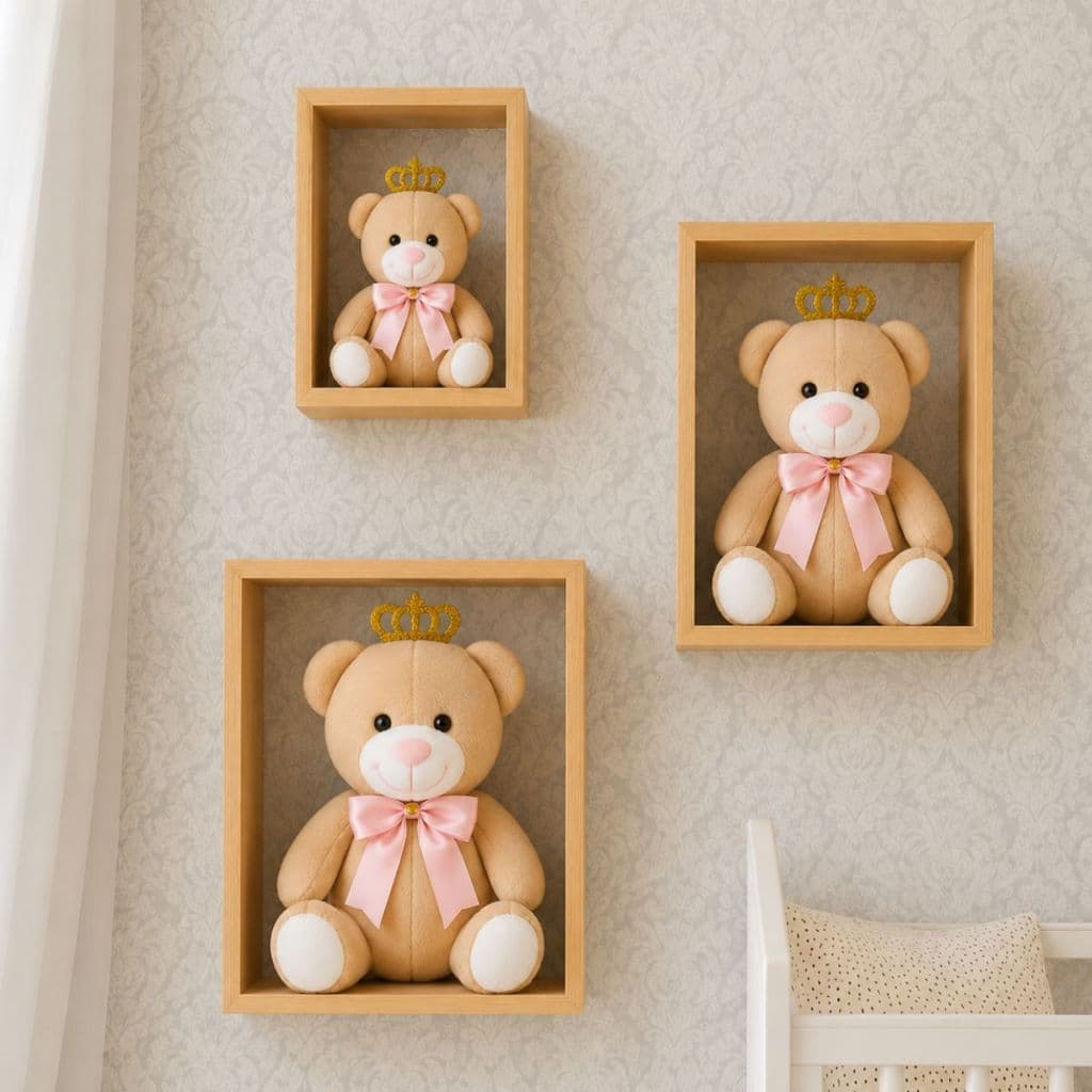 Trio de Urso de Pelúcia Articulado para Nicho Decoração para Quarto de Bebê (Sem Nicho)