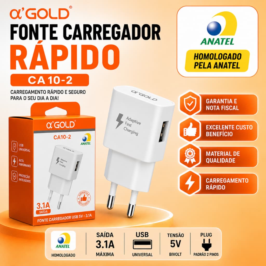 Fonte Carregador Celular Tomada Plug Adaptador Carregamento Rápido Usb 5v 3.1a A'gold Ca10-2
