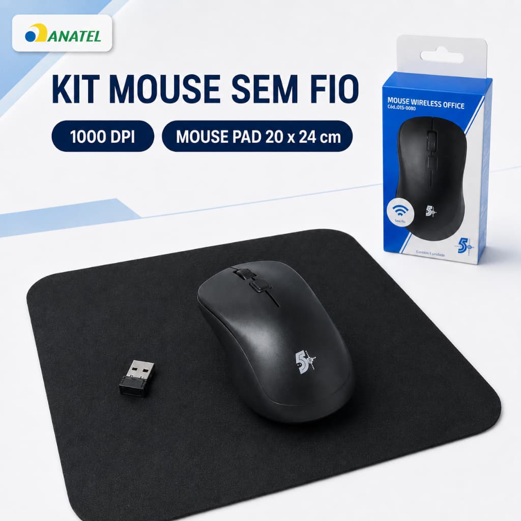 Kit Mouse Sem Fio 2.4GHz 1000 DPI com Mouse Pad 20x24cm para PC Notebook e Home Office Preto