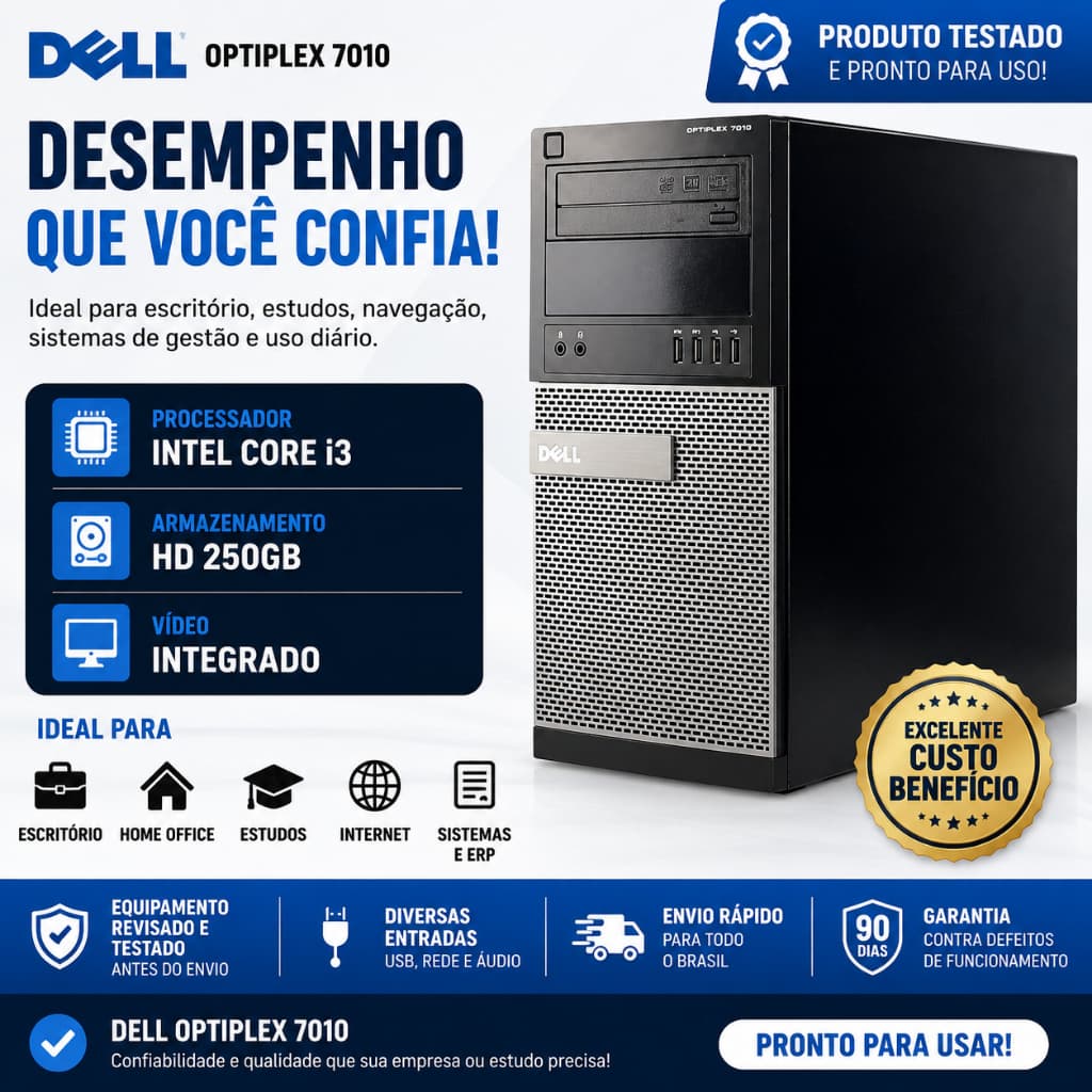 CPU Dell OptiPlex 7010 Intel Core i3 HD 250GB Desktop Computador PC