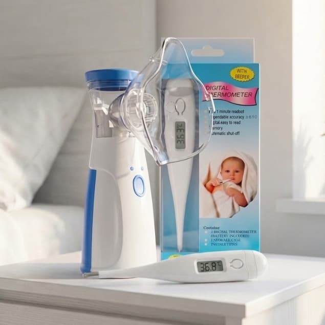 Kit Nebulizador Portátil Adulto e Infantil + Termômetro Digital | Cuidados com a Saúde