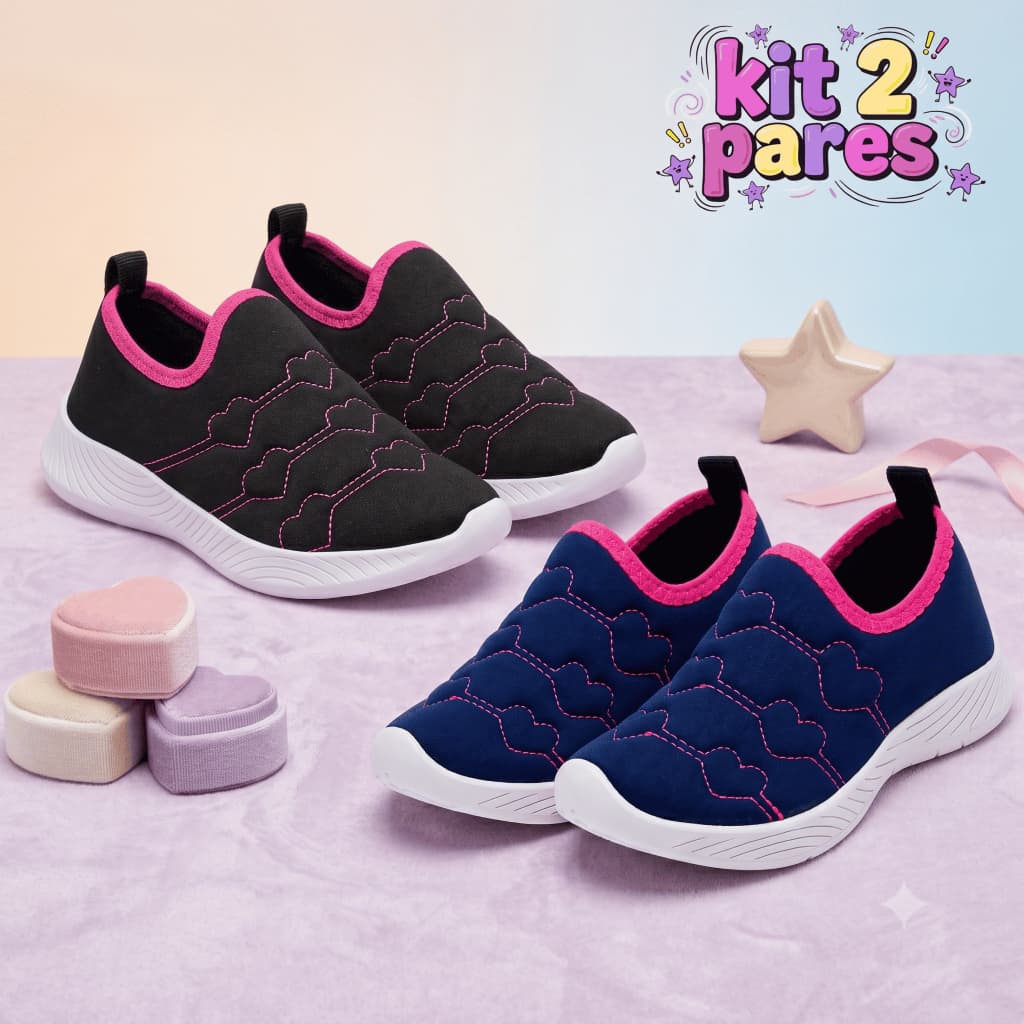 Kit 2 Pares Tênis Infantil Menina Calce Fácil Feminino Casual Macio e Confortável