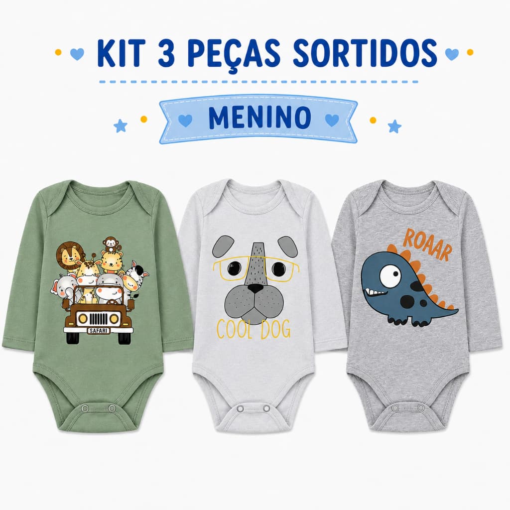 Kit 3 Body Bebê Manga Longa Inverno Menino ou Menina Roupas de Bebê Sortido
