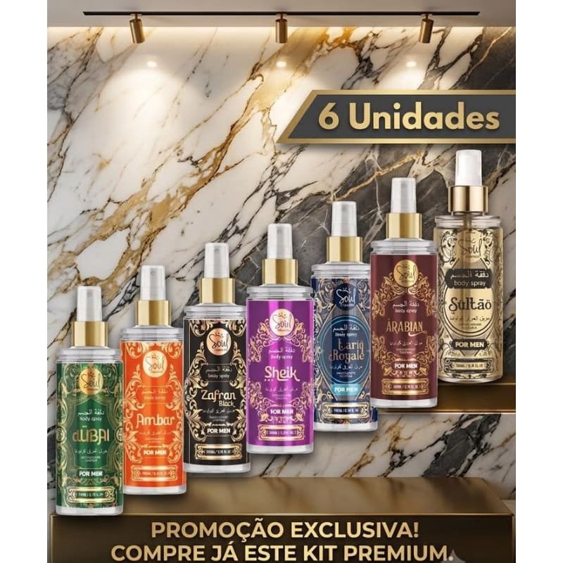 Kit 6 Perfumes Árabes Masculinos Body Splash 200ml Alta Fixação Colônia Importada Luxo
