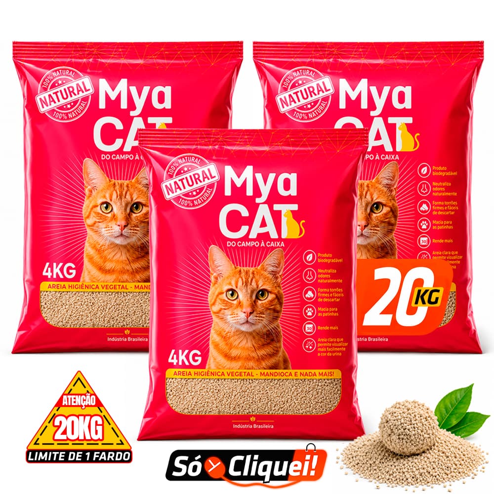 Kit 3 Pacotes Areia Sanitária Mandioca Mya Cat 12KG Granulado Higiênico de Gato Biodegradável Torrões Firmes Evita Odor