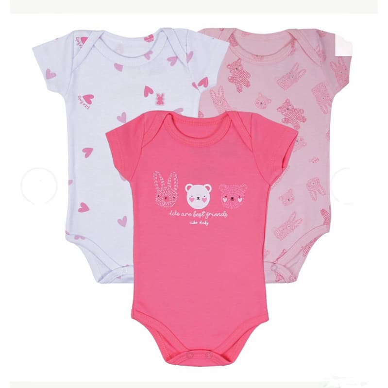 Kit 3 Bodies Bebê Menina Kiko Baby Manga Curta Rosa Corações e Ursinhos tamanho m roupa bebê menina 3 a 6 meses