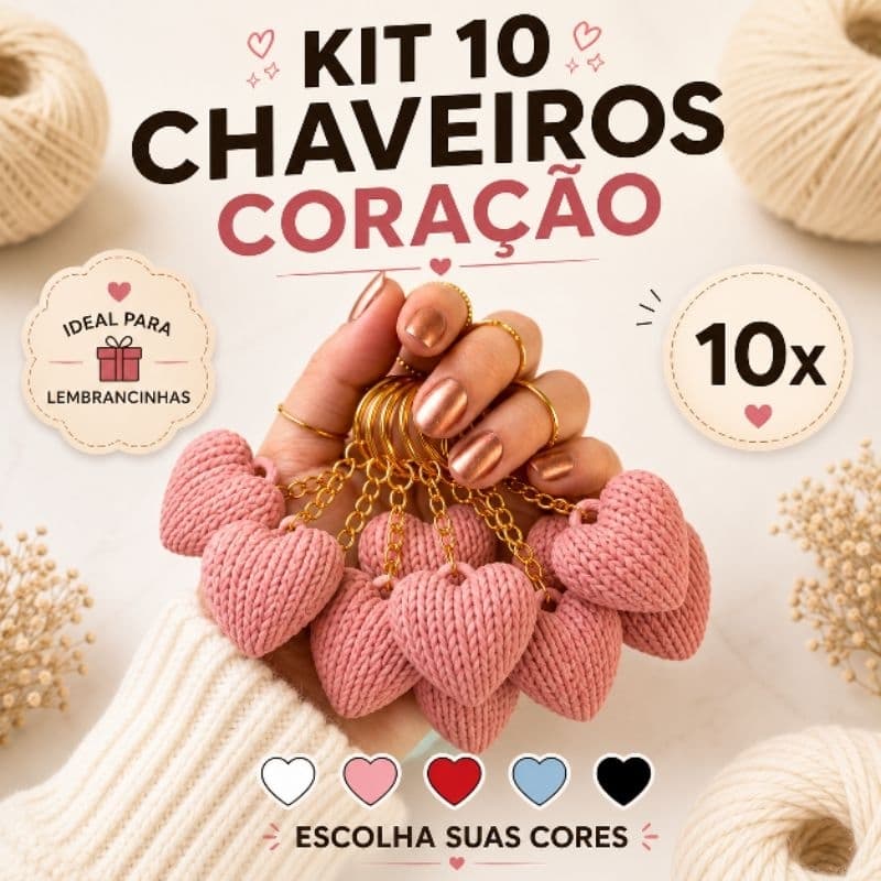 Kit 10 Chaveiros Coração estilo Crochê Amigurumi | Lembrancinha, Brinde | Chá revelação festa atacado 3D