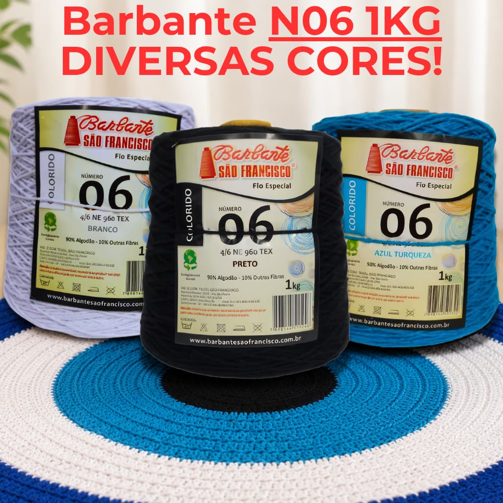 Barbante Colorido N°06 Cone De 1kg Cores Variadas, Linha de Crochê,Tapetes para Artesanato.