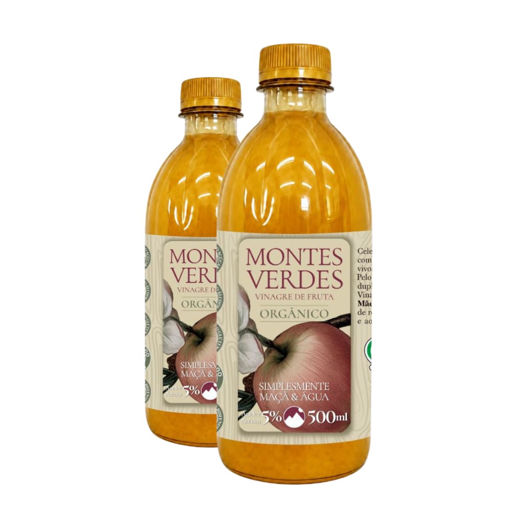 KIT 2X Vinagre de Maca 100% Orgânico 500ml Puro Vegano Montes Verdes 5% Acidez Ajuda Emagrecer Saúde