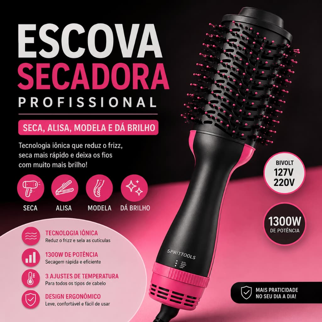 Escova Secadora Cabelo Profissional Bivolt Alta Potencia 1300W Modelador Multifuncoes