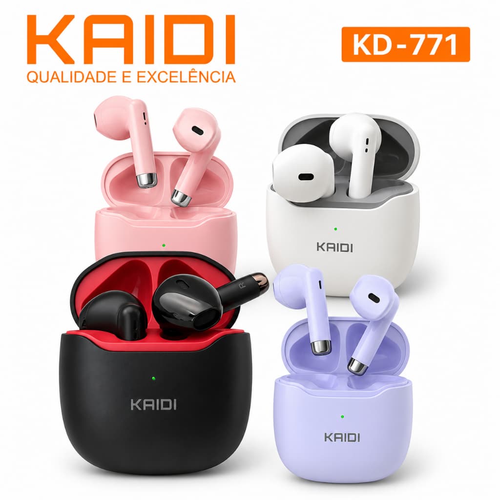 Fone de Ouvido Bluetooth In-Ear Tws 5.4 Kaidi KD-771 Original  Sem Fio IPX4 Cores