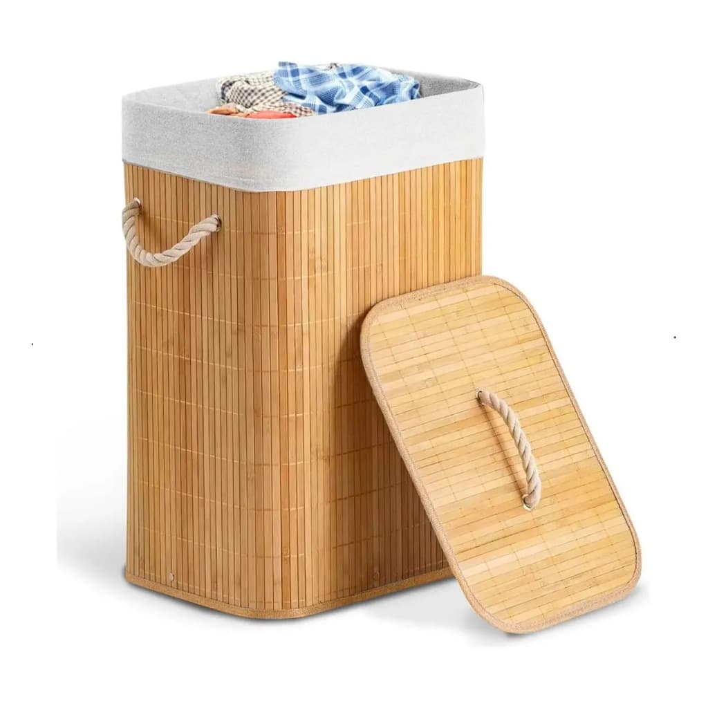 Cesto De Roupa Suja Bambu 72 Litros Lavanderia Com Tampa e Alças Forrado Grande Organizador Banheiro +haus