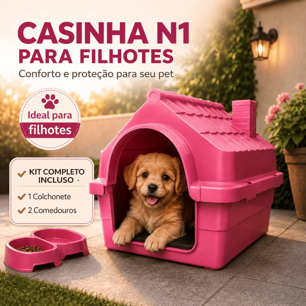 Casinha Plástica N1 para Cachorro Pequeno com Colchonete e Comedouros