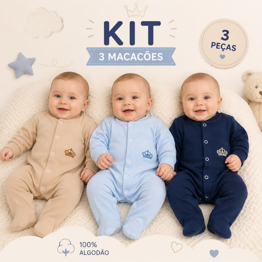KIT DE 3 MACACÃO MANGA LONGA MENINO E NEUTRO BORDADO ELEGANGE TECIDO MACIO SUEDINE ESTILO,ENXOVAL RN BEBÊ, INFANTIL,LUXO