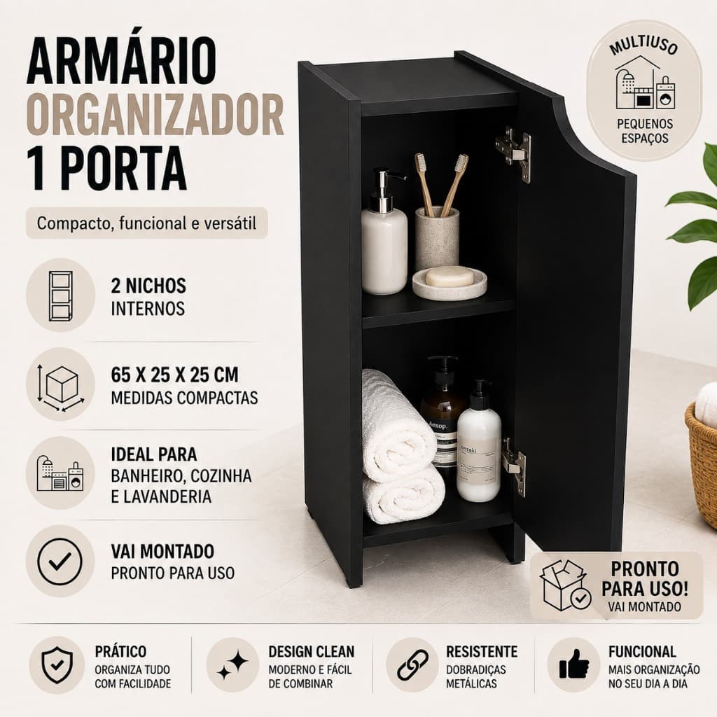Armário Organizador 1 Porta Multiuso Banheiro Cozinha Lavanderia Compacto 65x25x25cm