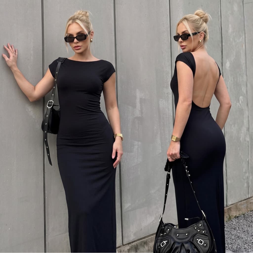 Vestido Longo Feminino Costas Nuas Tubinho Suplex Midi Elegante Casual Liso