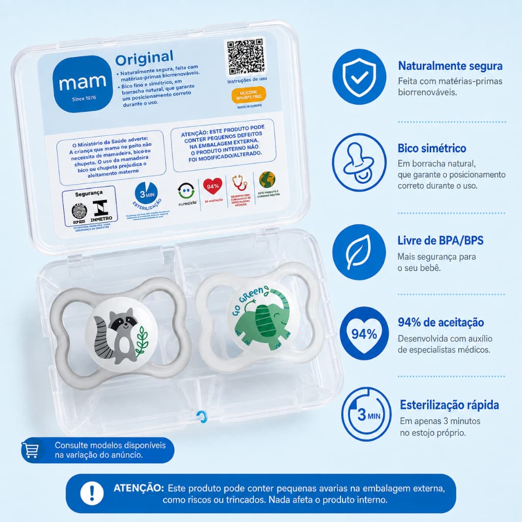 Chupeta MAM 6+ meses Air Bico Silicone Bebê Neutra Menino/Menina - Embalagem com pequenas avarias